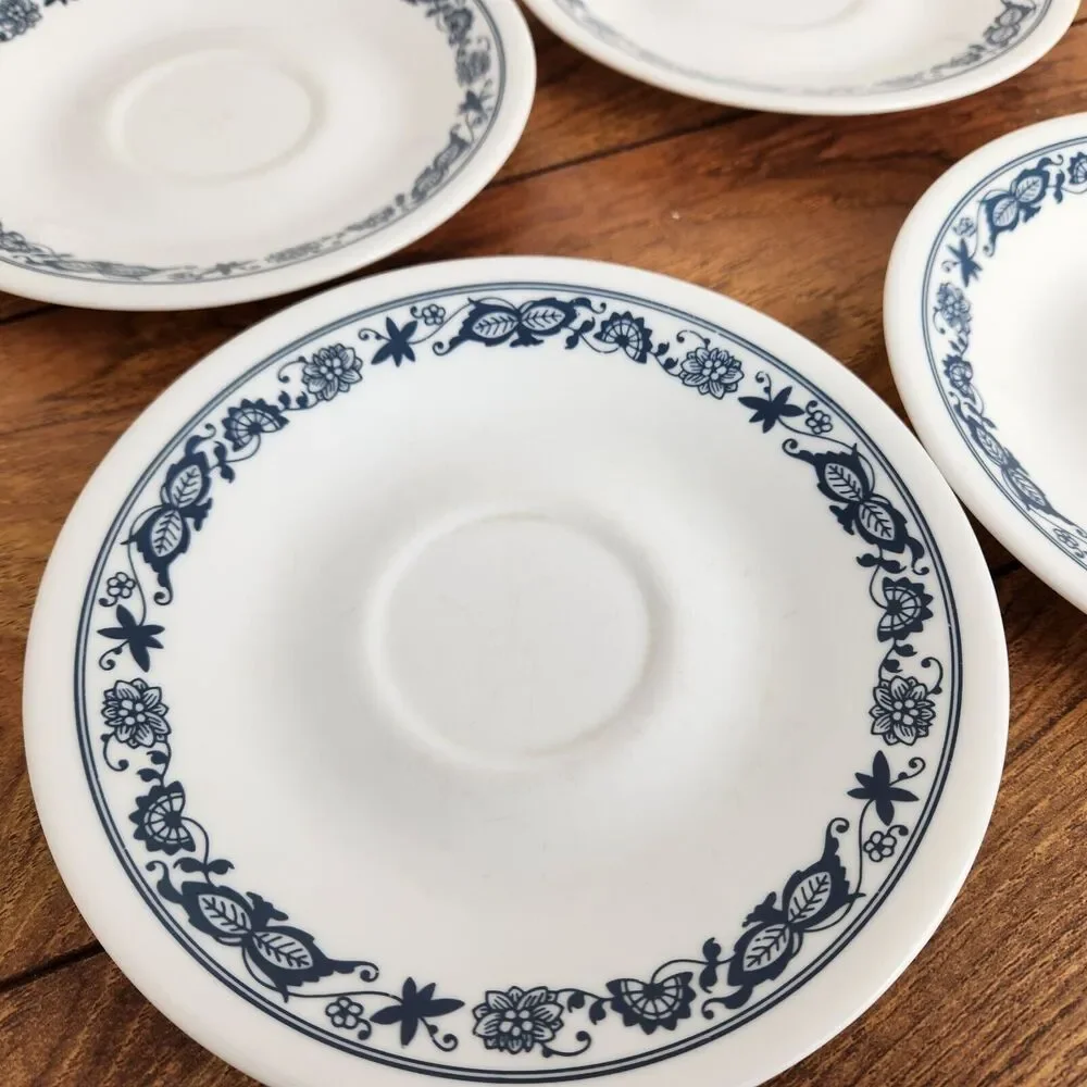 Vintage Corelle Tea Cup and Saucer Plate Old Town Blue Floral Pattern: Set of 8